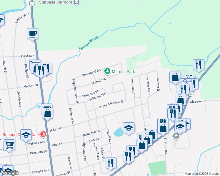 map of restaurants, bars, coffee shops, grocery stores, and more near 9 Edgewood Drive in Rutland