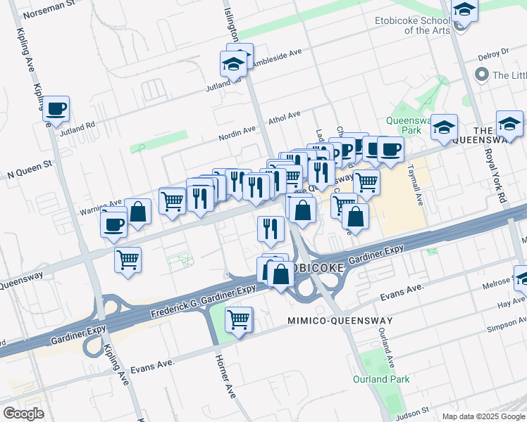 map of restaurants, bars, coffee shops, grocery stores, and more near 1011 The Queensway in Toronto