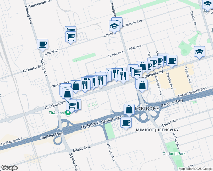 map of restaurants, bars, coffee shops, grocery stores, and more near in Toronto