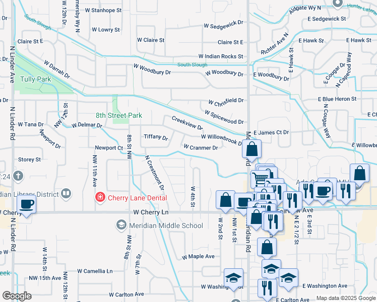 map of restaurants, bars, coffee shops, grocery stores, and more near 395 Cranmer Drive in Meridian