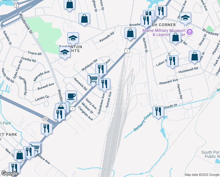 map of restaurants, bars, coffee shops, grocery stores, and more near 85 Union Street in South Portland