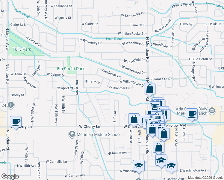 map of restaurants, bars, coffee shops, grocery stores, and more near 385 West Cranmer Drive in Meridian