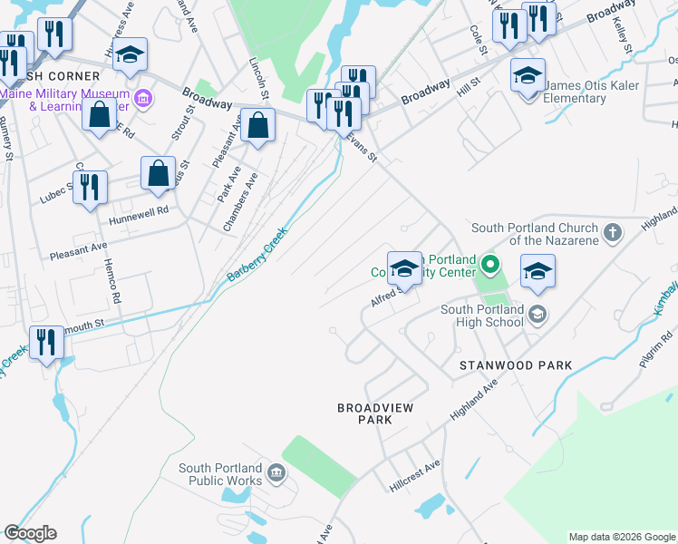 map of restaurants, bars, coffee shops, grocery stores, and more near 65 George Street in South Portland
