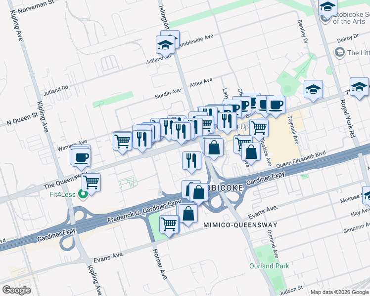 map of restaurants, bars, coffee shops, grocery stores, and more near 1007 The Queensway in Toronto
