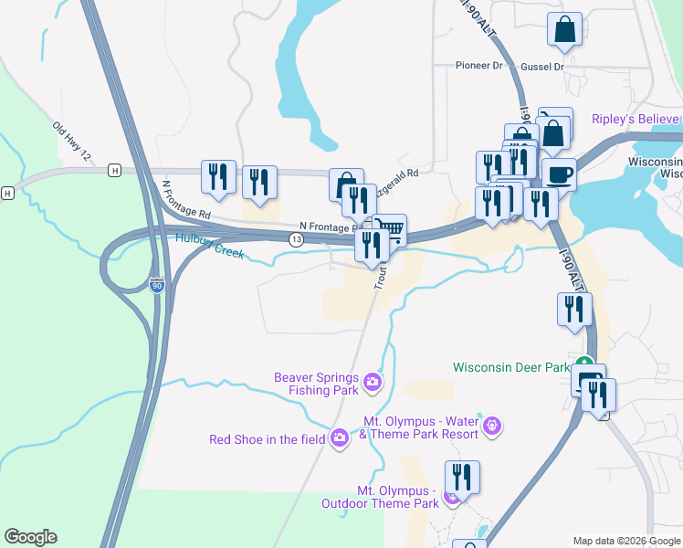 map of restaurants, bars, coffee shops, grocery stores, and more near 630 South Frontage Road in Wisconsin Dells