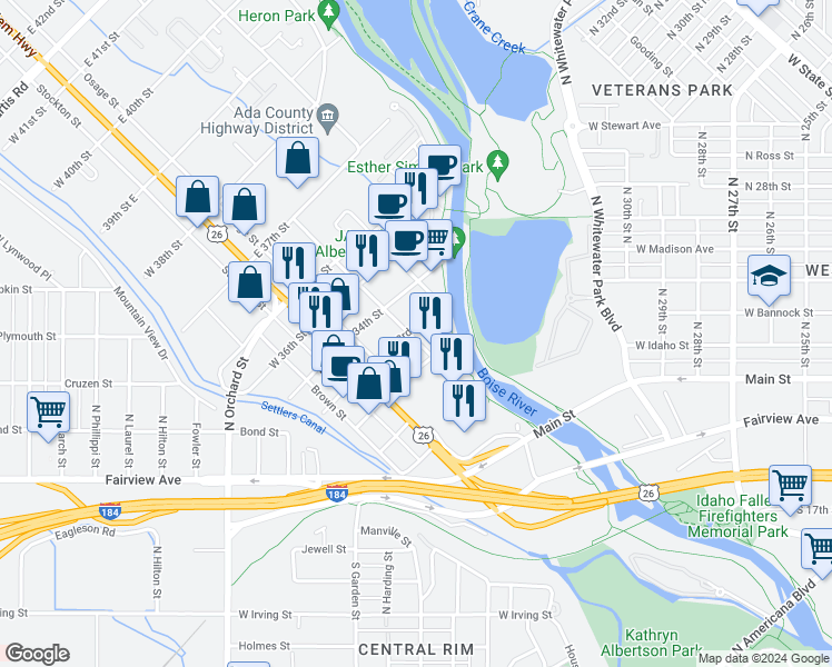map of restaurants, bars, coffee shops, grocery stores, and more near 201 East 33rd Street in Garden City