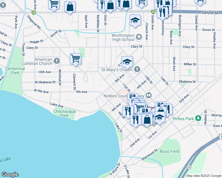 map of restaurants, bars, coffee shops, grocery stores, and more near 717 10th Street in Worthington