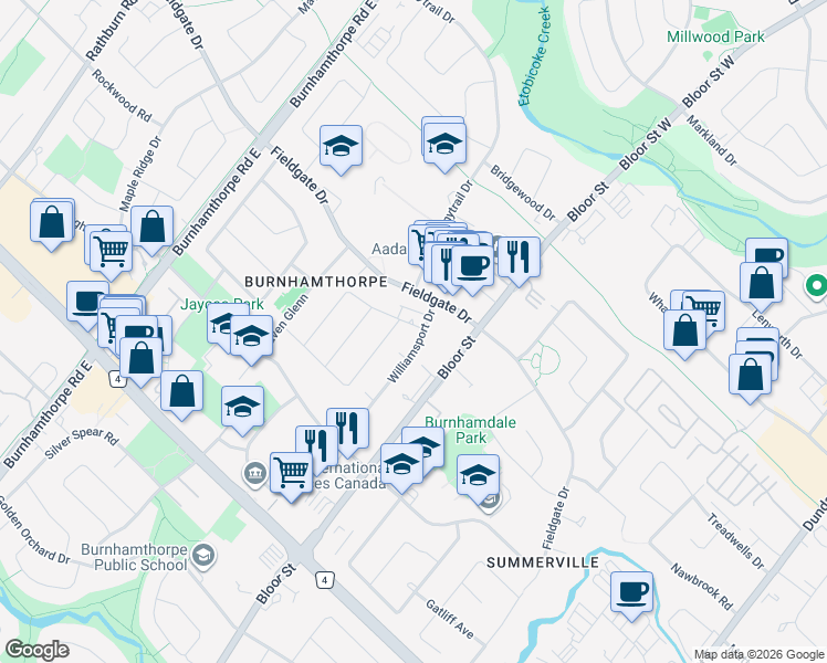 map of restaurants, bars, coffee shops, grocery stores, and more near 1539 Williamsport Drive in Mississauga