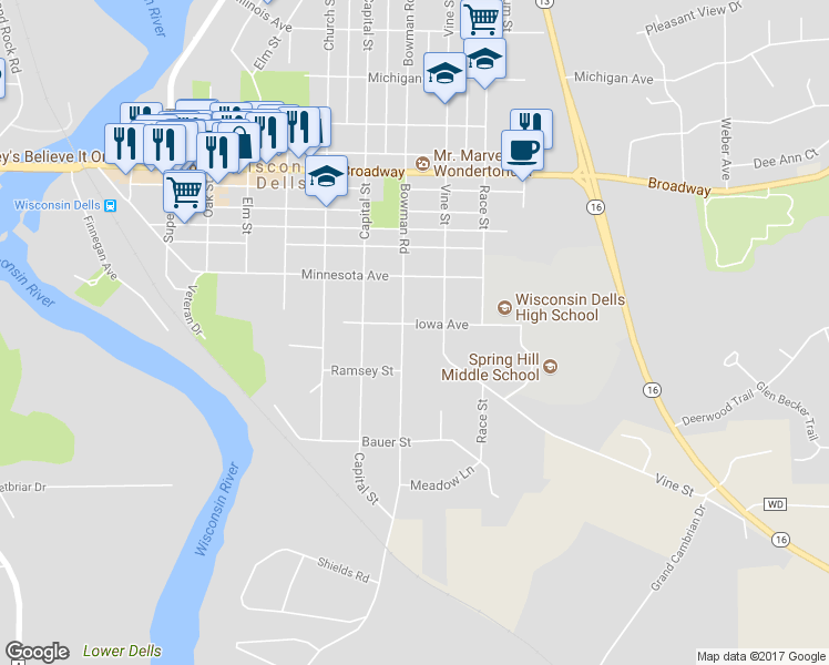 map of restaurants, bars, coffee shops, grocery stores, and more near 432 Bowman Road in Wisconsin Dells