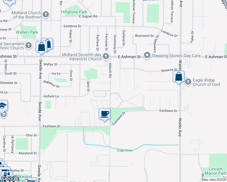 map of restaurants, bars, coffee shops, grocery stores, and more near 2700 Abbott Road in Midland