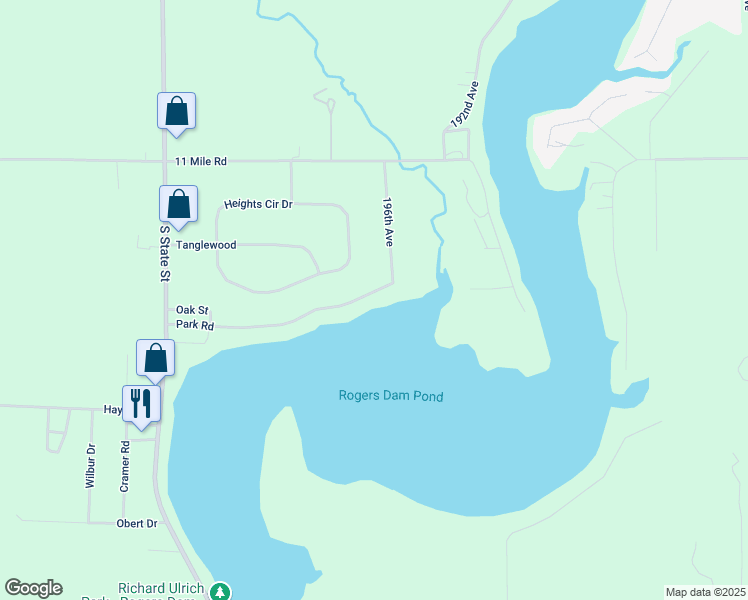 map of restaurants, bars, coffee shops, grocery stores, and more near 19456 Park Road in Big Rapids