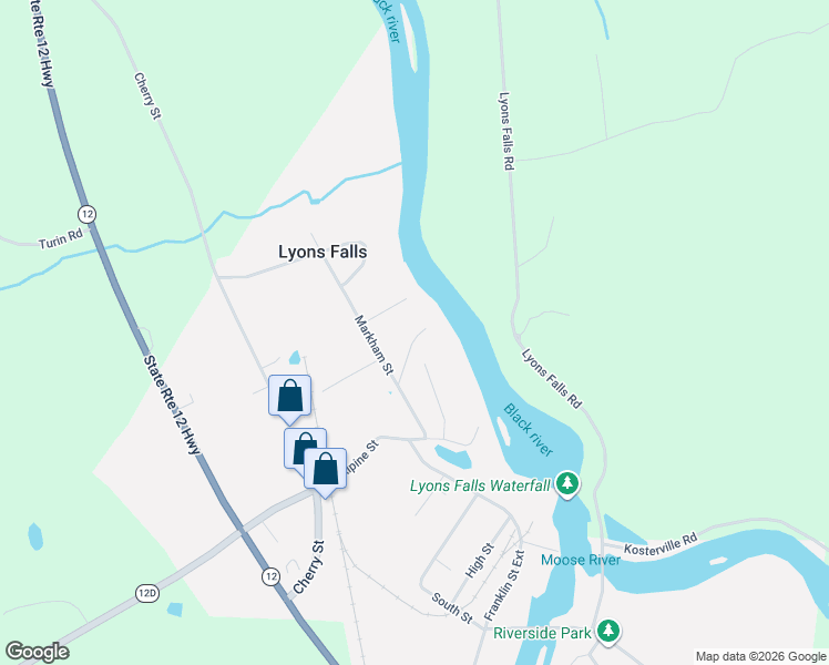 map of restaurants, bars, coffee shops, grocery stores, and more near 7339 Dock Street in Lyons Falls