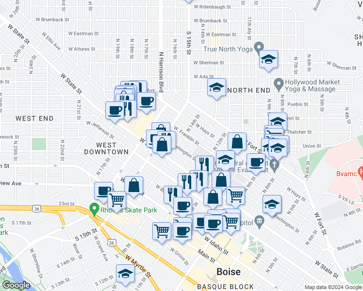 map of restaurants, bars, coffee shops, grocery stores, and more near 1320 W Washington St in Boise