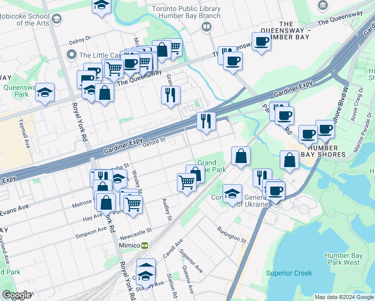 map of restaurants, bars, coffee shops, grocery stores, and more near 121 Manitoba Street in Toronto