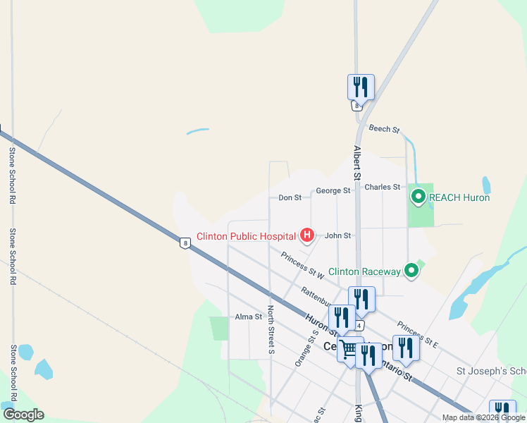 map of restaurants, bars, coffee shops, grocery stores, and more near 140 North Street North in Central Huron
