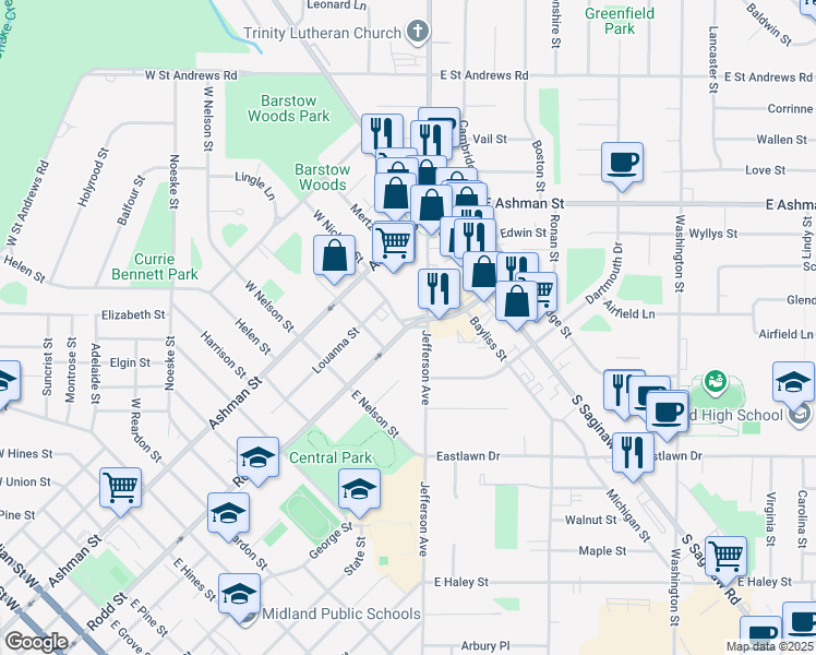map of restaurants, bars, coffee shops, grocery stores, and more near 2804 Rodd St in Midland