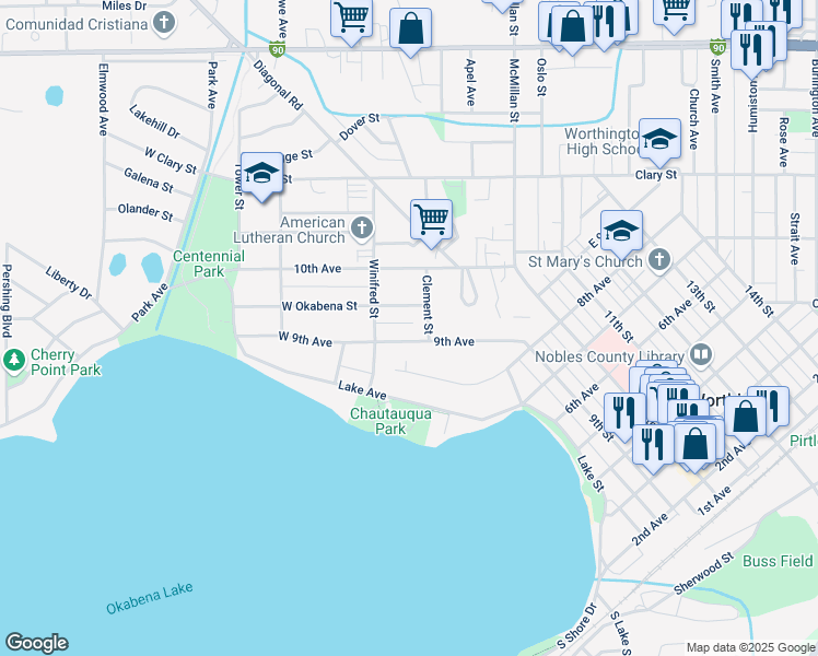 map of restaurants, bars, coffee shops, grocery stores, and more near 423 9th Avenue in Worthington