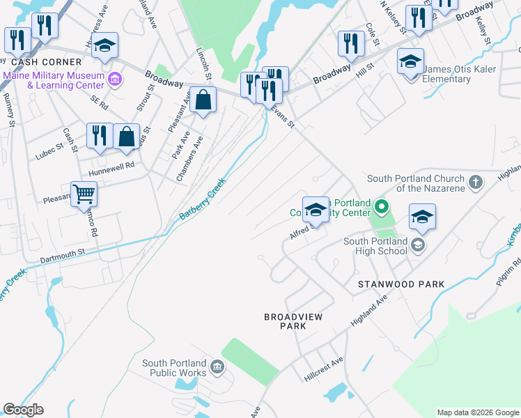 map of restaurants, bars, coffee shops, grocery stores, and more near 65 George Street in South Portland