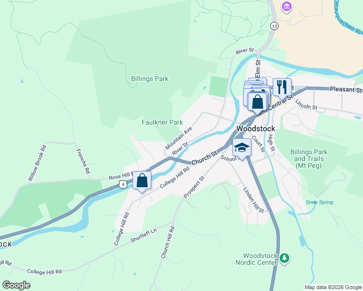 map of restaurants, bars, coffee shops, grocery stores, and more near 47 River Street in Woodstock