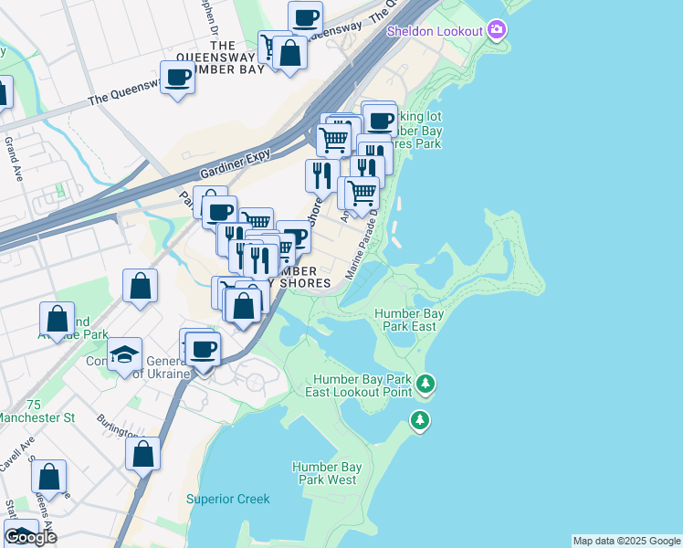 map of restaurants, bars, coffee shops, grocery stores, and more near 160 Marine Parade Drive in Toronto