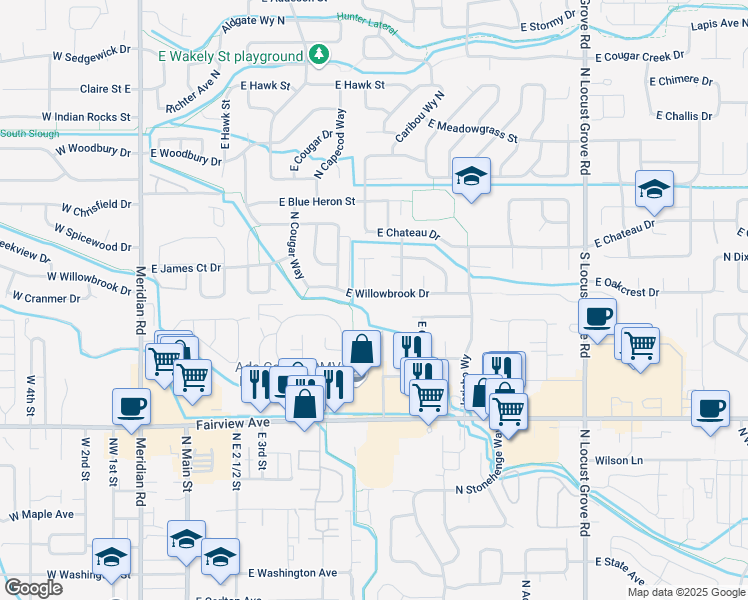 map of restaurants, bars, coffee shops, grocery stores, and more near 789 East Willowbrook Drive in Meridian