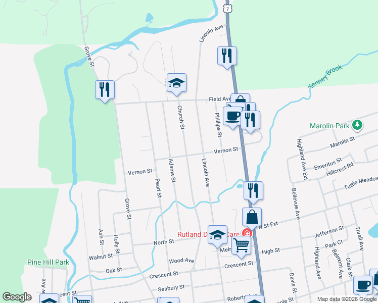 map of restaurants, bars, coffee shops, grocery stores, and more near 200 Church Street in Rutland