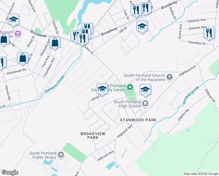 map of restaurants, bars, coffee shops, grocery stores, and more near 52 Alfred Street in South Portland