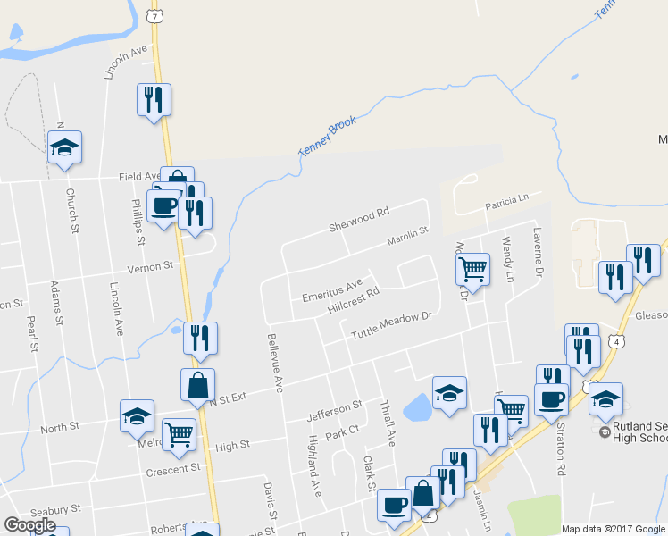 map of restaurants, bars, coffee shops, grocery stores, and more near 16 Marolin Street in Rutland