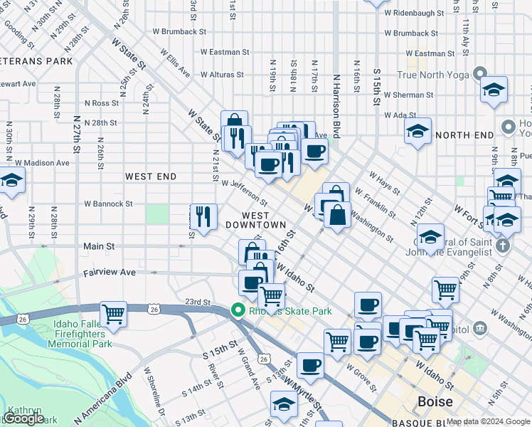 map of restaurants, bars, coffee shops, grocery stores, and more near 305 North 17th Street in Boise