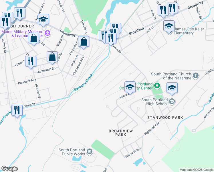 map of restaurants, bars, coffee shops, grocery stores, and more near 65 George Street in South Portland