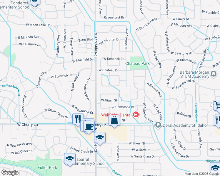 map of restaurants, bars, coffee shops, grocery stores, and more near 3057 West Sandalwood Street in Meridian