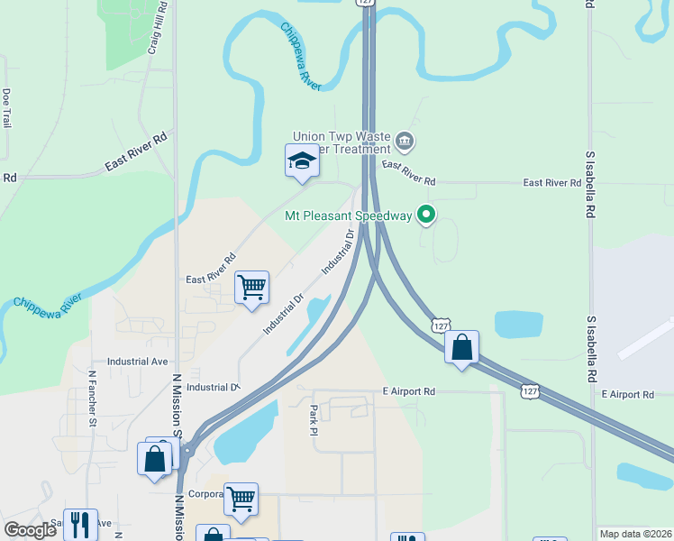 map of restaurants, bars, coffee shops, grocery stores, and more near 962-1070 Industrial Drive in Mount Pleasant