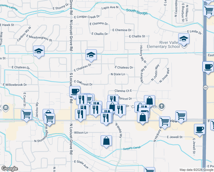 map of restaurants, bars, coffee shops, grocery stores, and more near 2110 East Clarene Street in Meridian