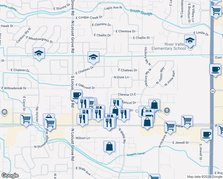 map of restaurants, bars, coffee shops, grocery stores, and more near 2110 East Clarene Street in Meridian