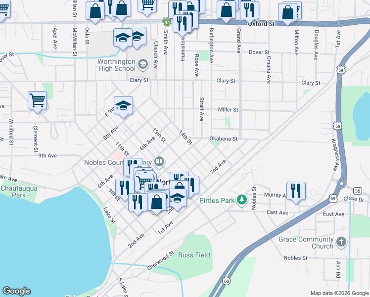 map of restaurants, bars, coffee shops, grocery stores, and more near 1317 4th Avenue in Worthington