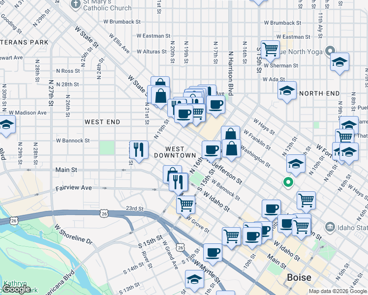map of restaurants, bars, coffee shops, grocery stores, and more near 305 North 17th Street in Boise