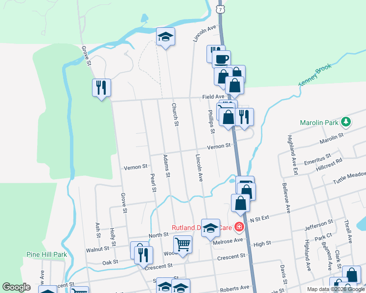 map of restaurants, bars, coffee shops, grocery stores, and more near 200 Church Street in Rutland