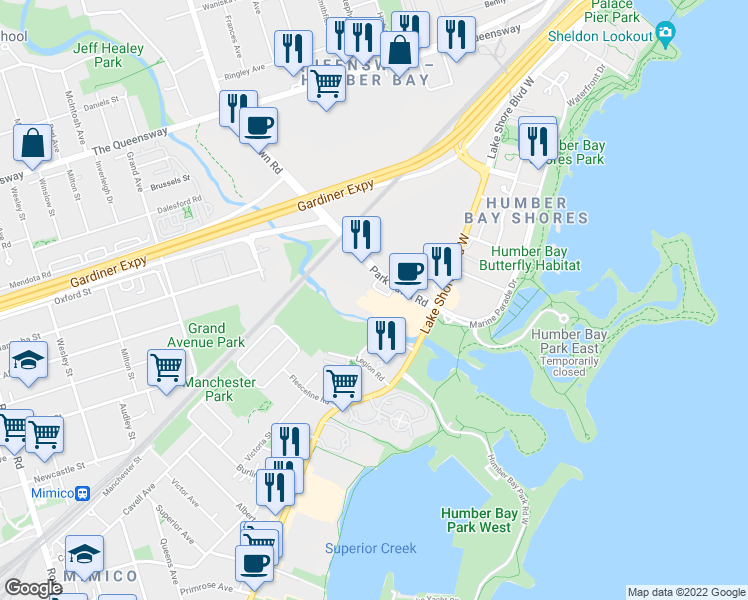 map of restaurants, bars, coffee shops, grocery stores, and more near 8 Park Lawn Road in Toronto