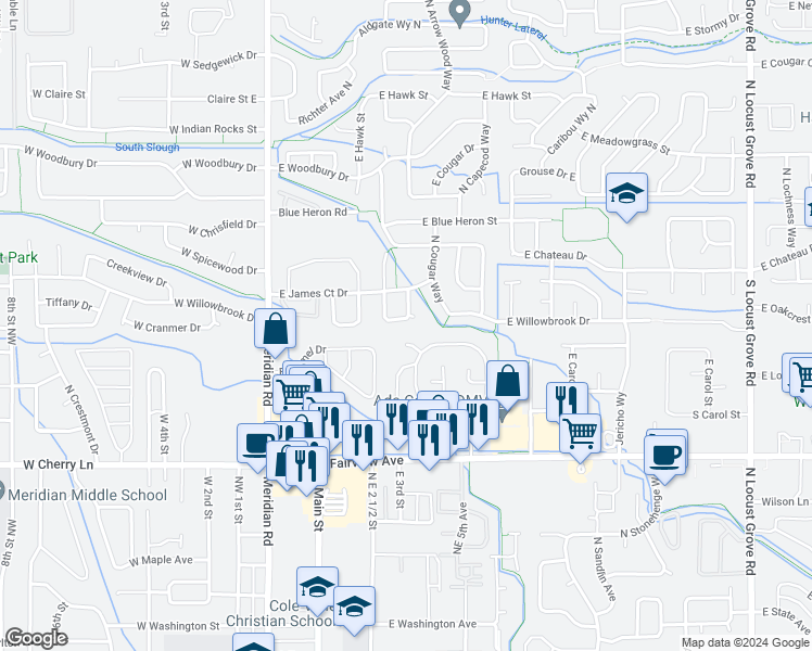 map of restaurants, bars, coffee shops, grocery stores, and more near 463 East Elbridge Street in Meridian