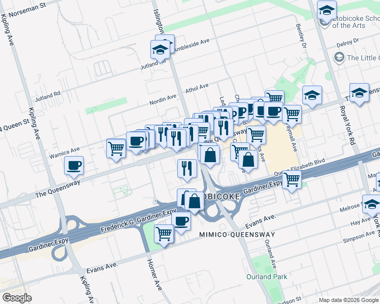 map of restaurants, bars, coffee shops, grocery stores, and more near 1007 The Queensway in Toronto