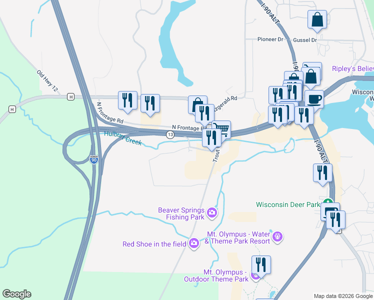 map of restaurants, bars, coffee shops, grocery stores, and more near 630 South Frontage Road in Wisconsin Dells