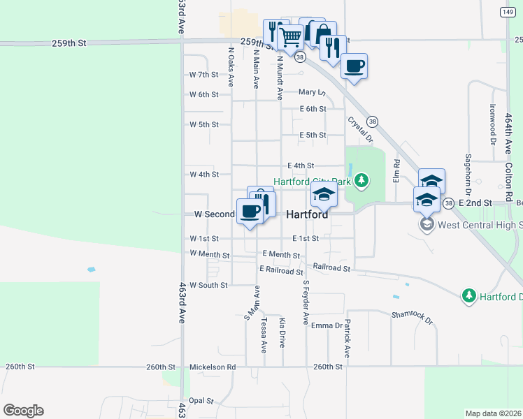 map of restaurants, bars, coffee shops, grocery stores, and more near 200 North Main Avenue in Hartford