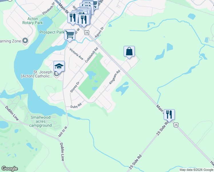 map of restaurants, bars, coffee shops, grocery stores, and more near 66 Kingham Road in Acton