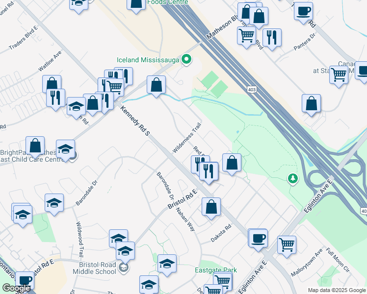 map of restaurants, bars, coffee shops, grocery stores, and more near 5333 Wilderness Trail in Mississauga