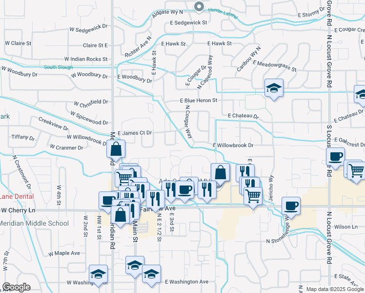 map of restaurants, bars, coffee shops, grocery stores, and more near 2082 North Arrow Wood Avenue in Meridian