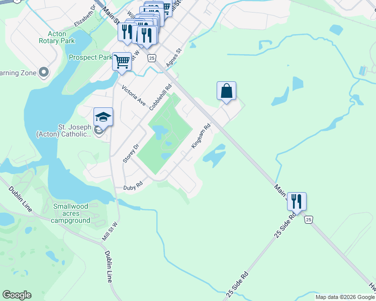 map of restaurants, bars, coffee shops, grocery stores, and more near 66 Kingham Road in Acton
