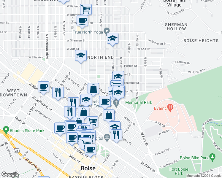 map of restaurants, bars, coffee shops, grocery stores, and more near 1009 North 9th Street in Boise