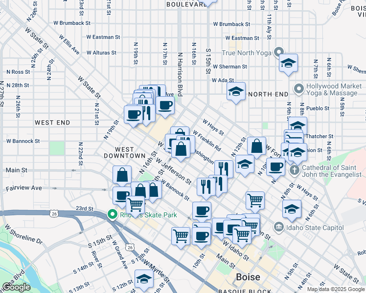 map of restaurants, bars, coffee shops, grocery stores, and more near 1470 West State Street in Boise