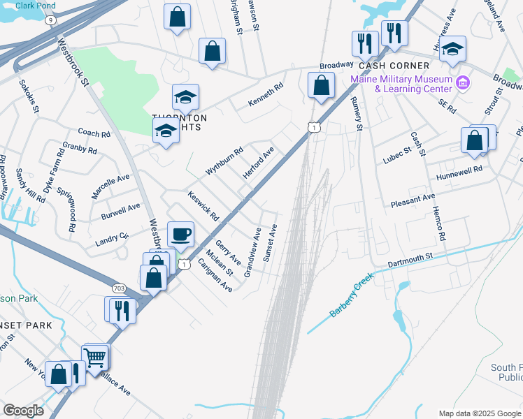 map of restaurants, bars, coffee shops, grocery stores, and more near 85 Union Street in South Portland