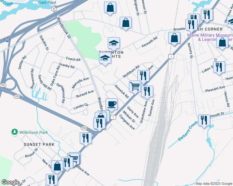 map of restaurants, bars, coffee shops, grocery stores, and more near 25 Thirlmere Avenue in South Portland